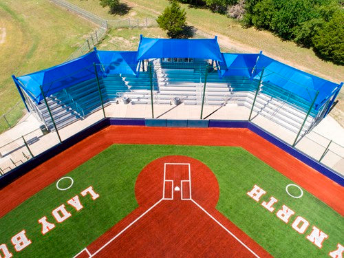 An aerial view of a Cantilever Hip Roof Shade Structure providing park shade.