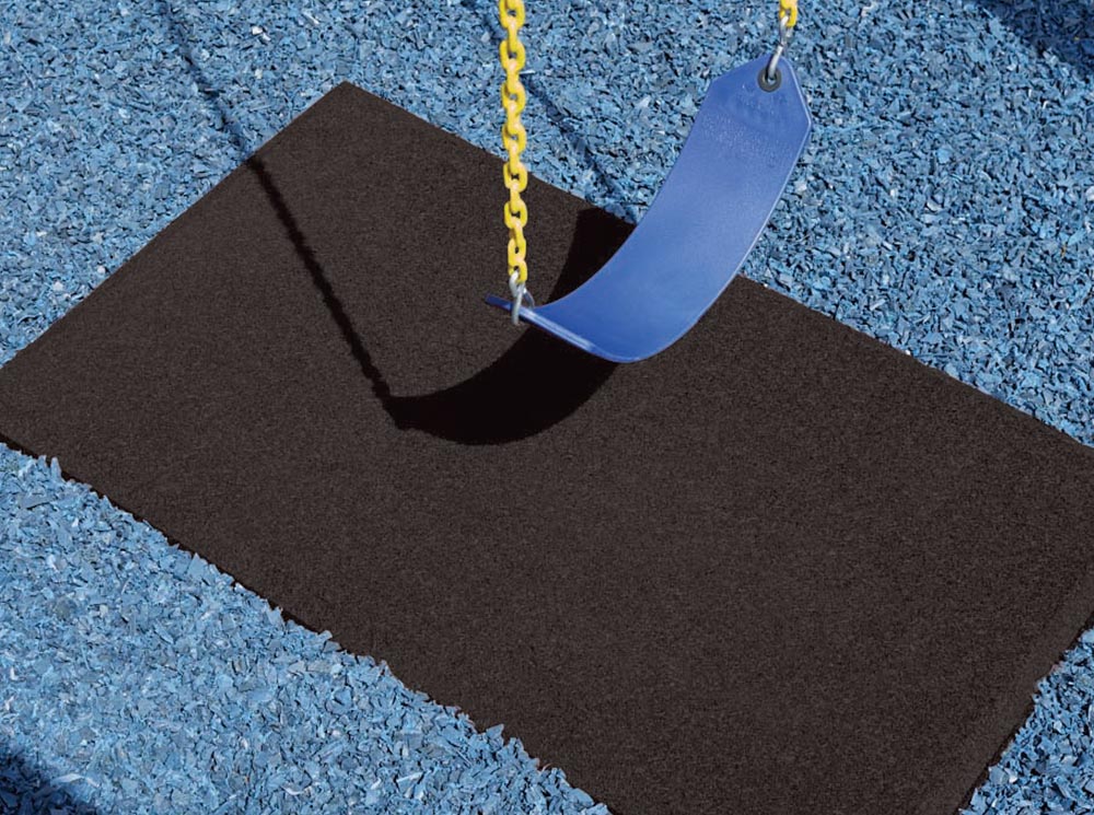 A black Rubberific Swing and Playground Mat with a blue swing on it.